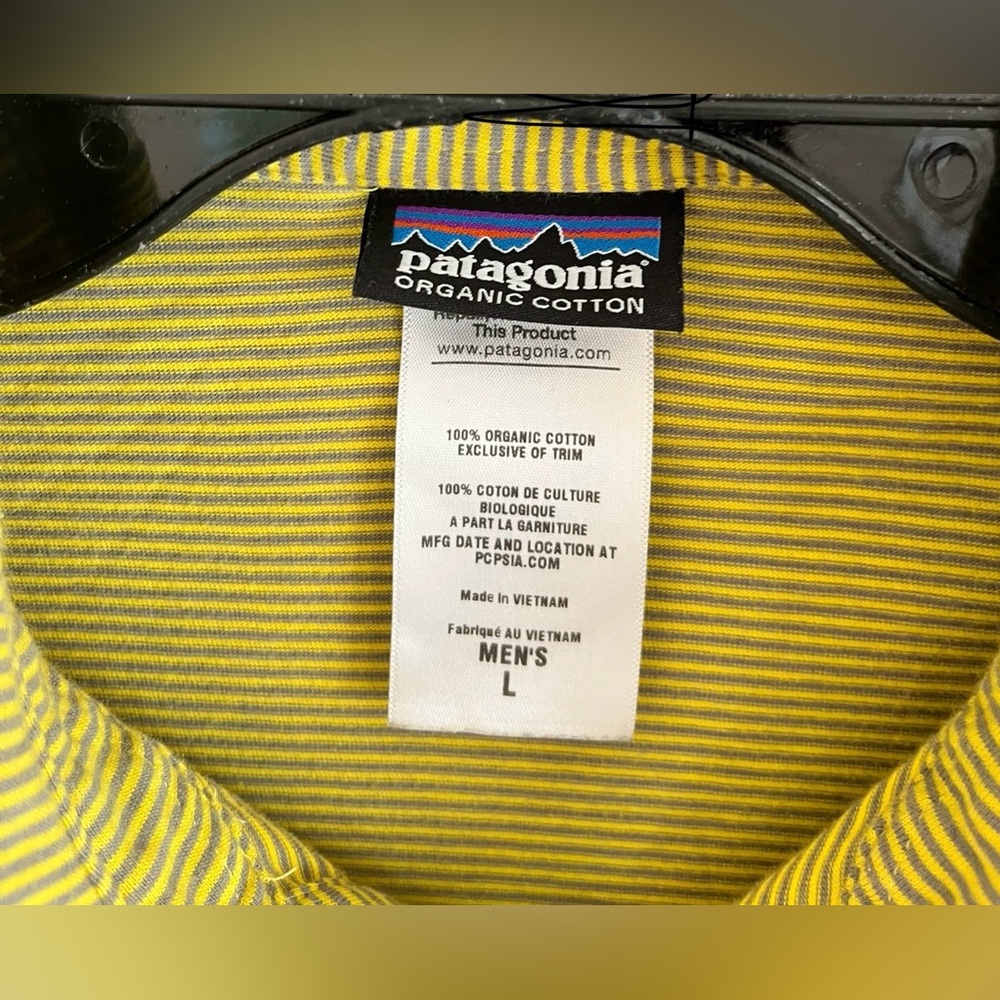 Patagonia Polo Shirt Mens Large Yellow Stripe Short Sleeve Organic Cotton Hiking - Picture 3 of 7